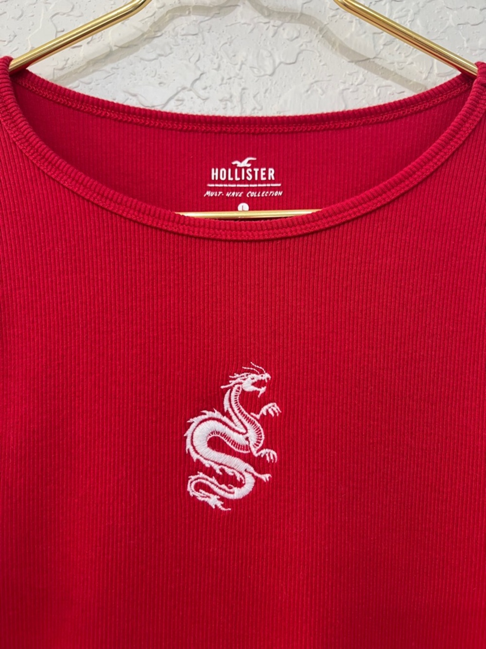Hollister Dragon Embroidered Ribbed Cropped Long Sleeve Top - Picture 2 of 7
